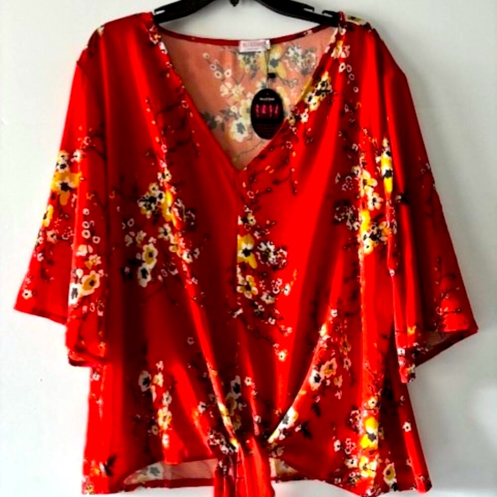 NWT Bluetime Womens 2XL Red Orange Floral Print V Neck Tie Front Blouse Boho